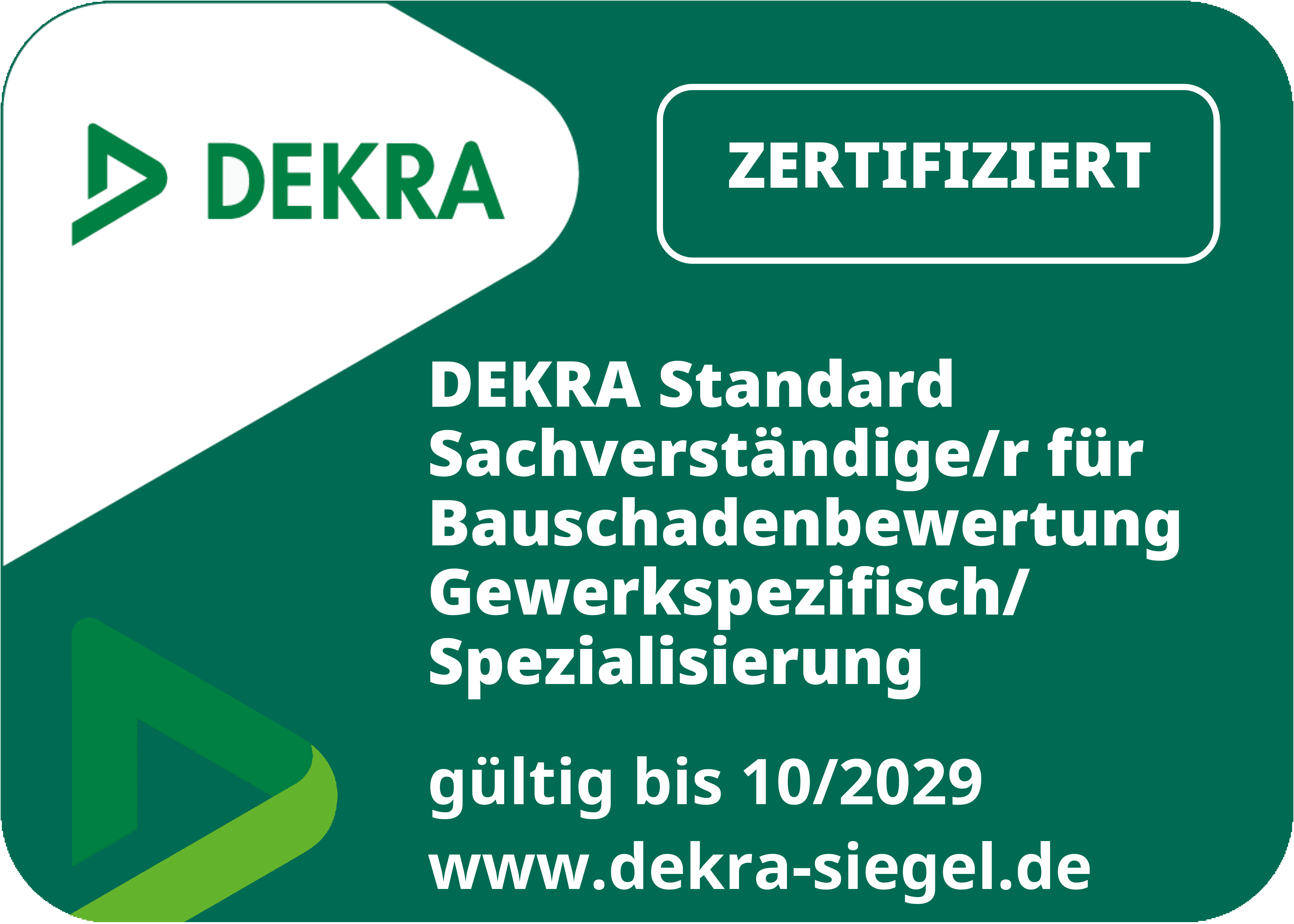 DEKRA-Zertifizierungssiegel für Erwin Rempel – Sachverständiger für Bauschadenbewertung, gültig bis Oktober 2029